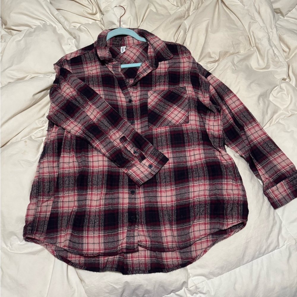 Plaid Button-Up Shirt - Black and Pink